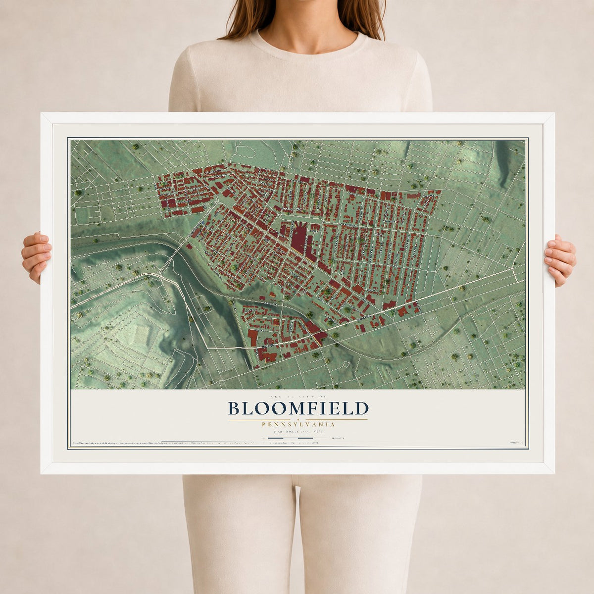 Map of Bloomfield, Pennsylvania, 24 x 36 inch print in a white wood frame