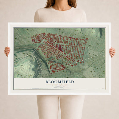 Map of Bloomfield, Pennsylvania, 24 x 36 inch print in a white wood frame