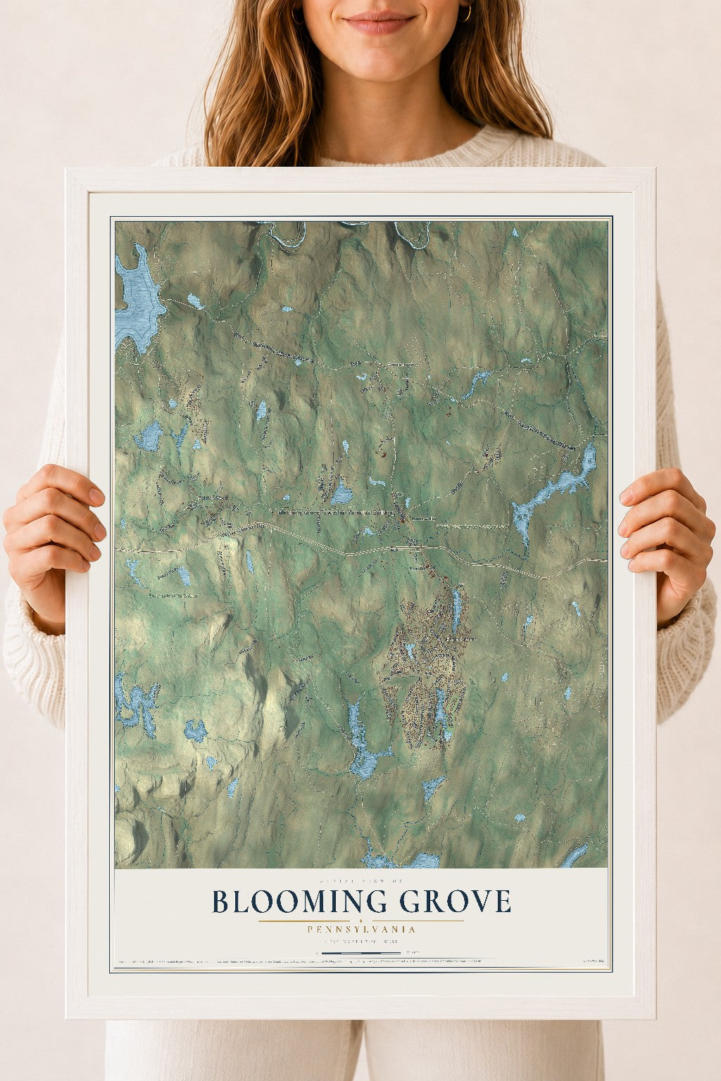 Map of Blooming Grove, Pennsylvania, 18 x 24 inch print in a white wood frame
