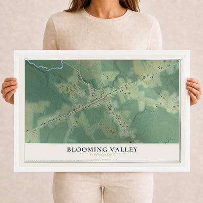 Map of Blooming Valley, Pennsylvania, 12 x 18 inch print in a white wood frame
