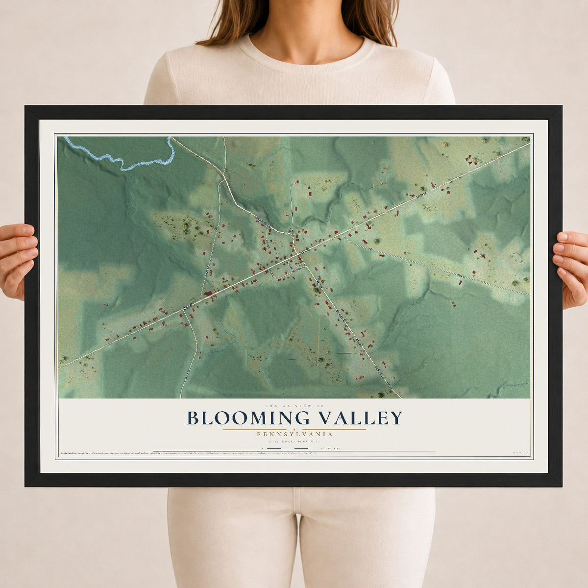Map of Blooming Valley, Pennsylvania, 18 x 24 inch print in a black wood frame