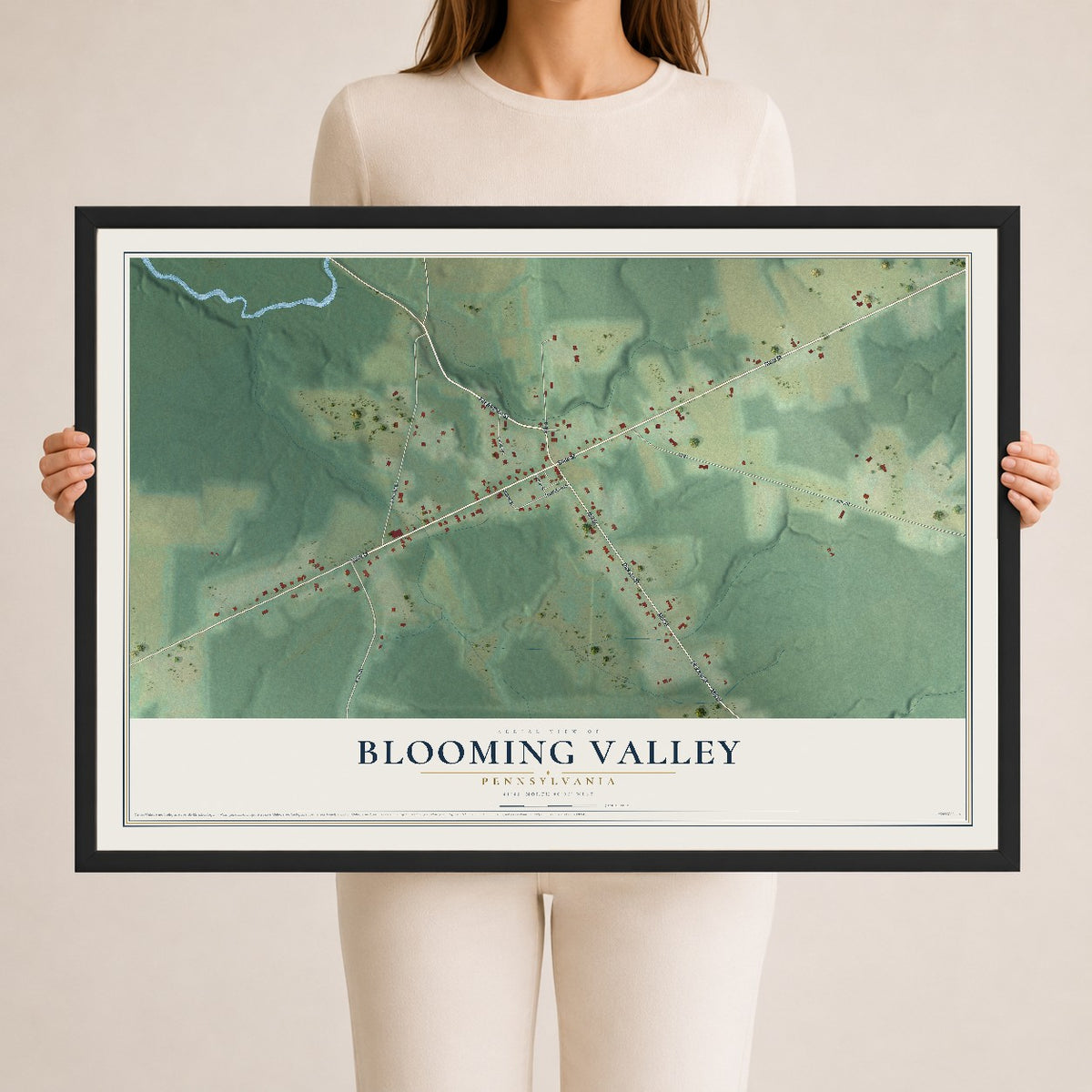 Map of Blooming Valley, Pennsylvania, 24 x 36 inch print in a black wood frame