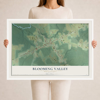 Map of Blooming Valley, Pennsylvania, 24 x 36 inch print in a white wood frame