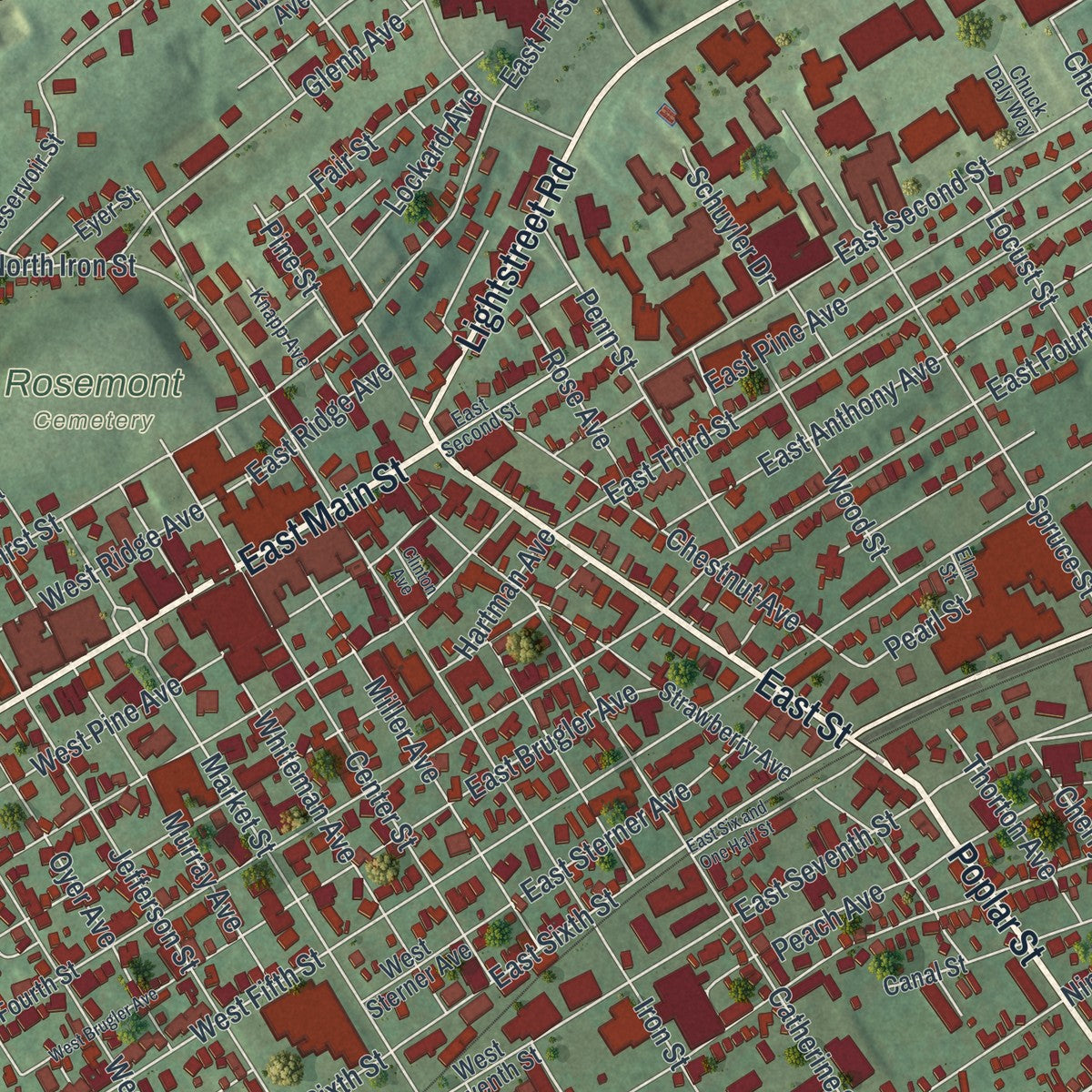 Close-up of the map of Bloomsburg, Pennsylvania print showing street and building detail