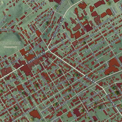 Close-up of the map of Bloomsburg, Pennsylvania print showing street and building detail