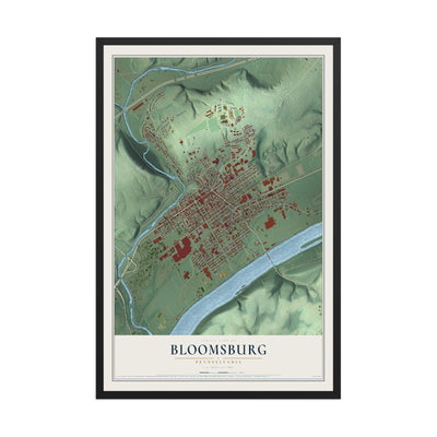 Map of Bloomsburg, Pennsylvania, 12 x 18 inch print in a black wood frame