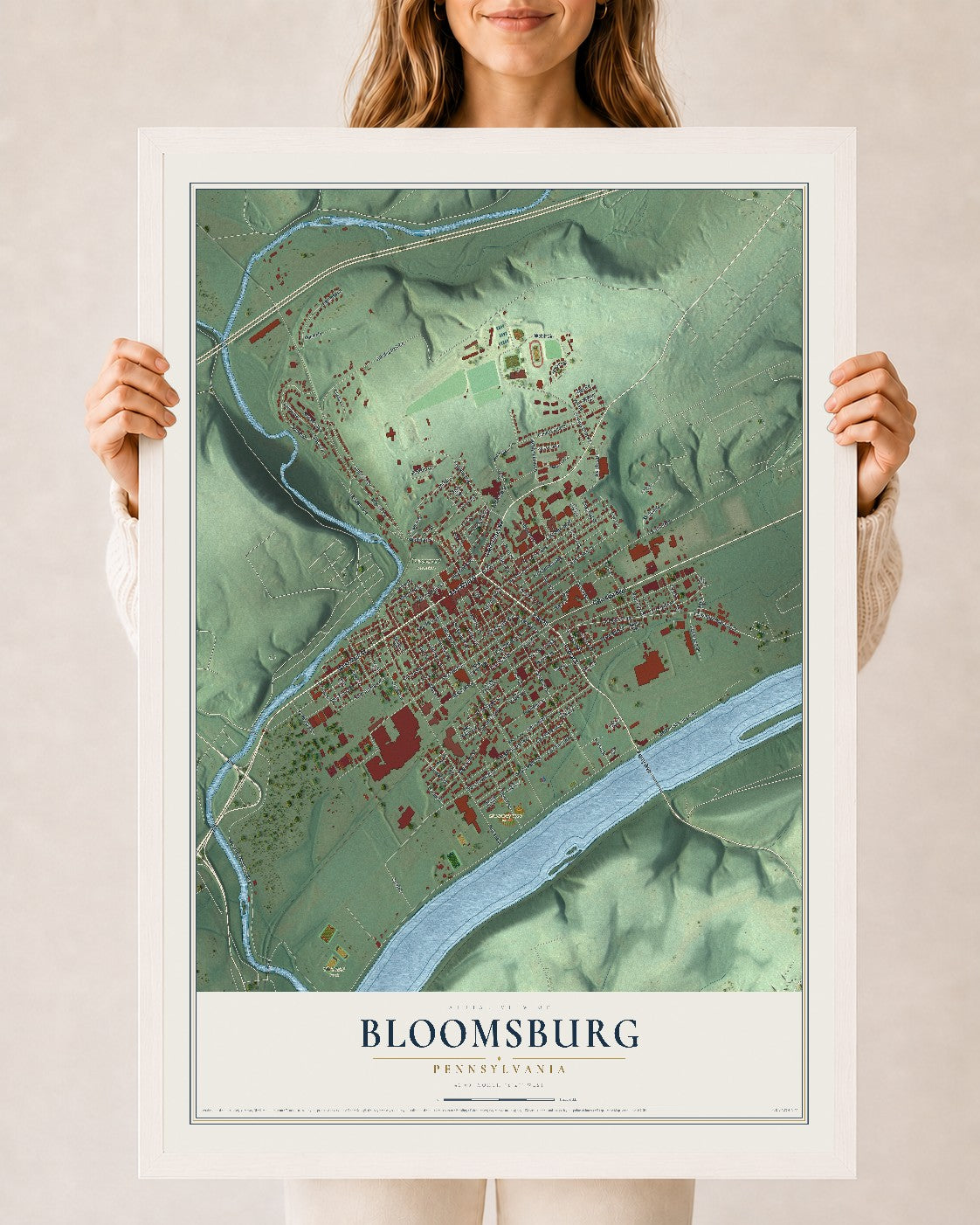 Map of Bloomsburg, Pennsylvania, 24 x 36 inch print in a white wood frame