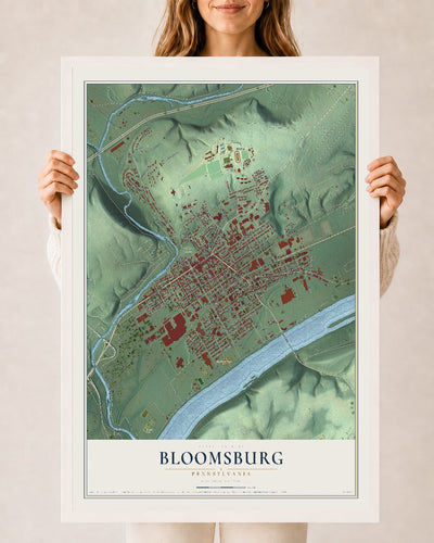 Map of Bloomsburg, Pennsylvania, 24 x 36 inch print in a white wood frame
