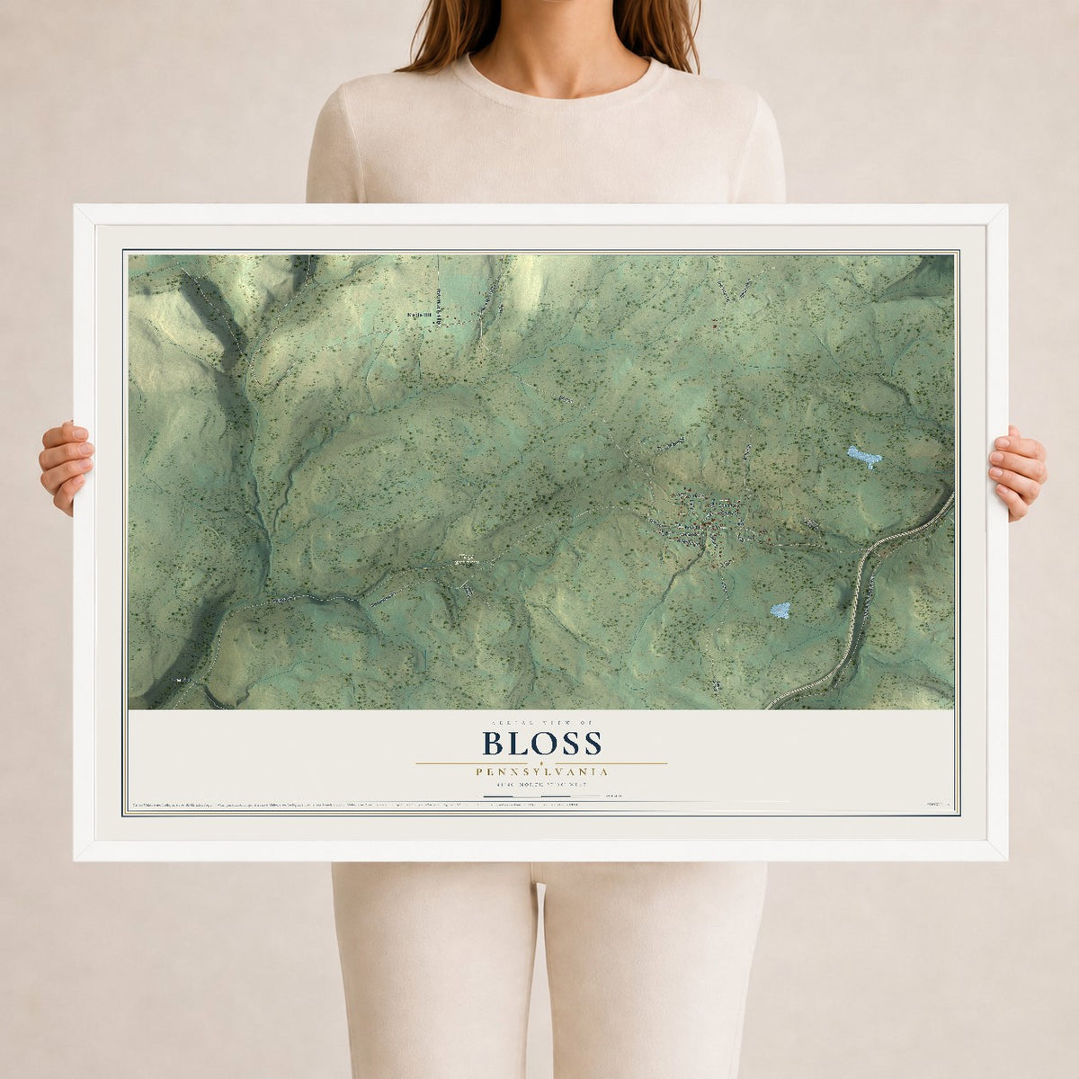 Map of Bloss, Pennsylvania, 24 x 36 inch print in a white wood frame