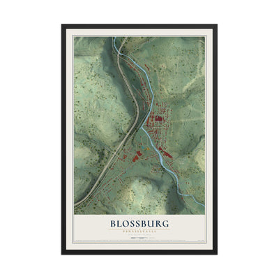 Map of Blossburg, Pennsylvania, 12 x 18 inch print in a black wood frame