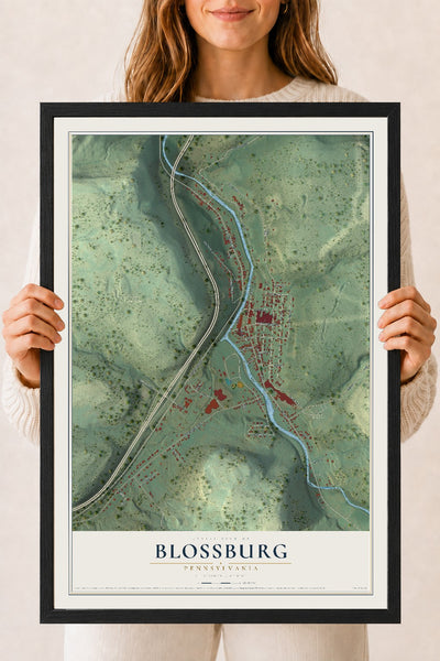 Map of Blossburg, Pennsylvania, 18 x 24 inch print in a black wood frame