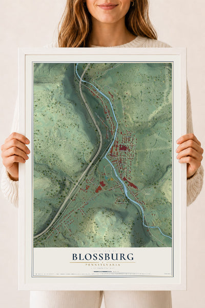 Map of Blossburg, Pennsylvania, 18 x 24 inch print in a white wood frame