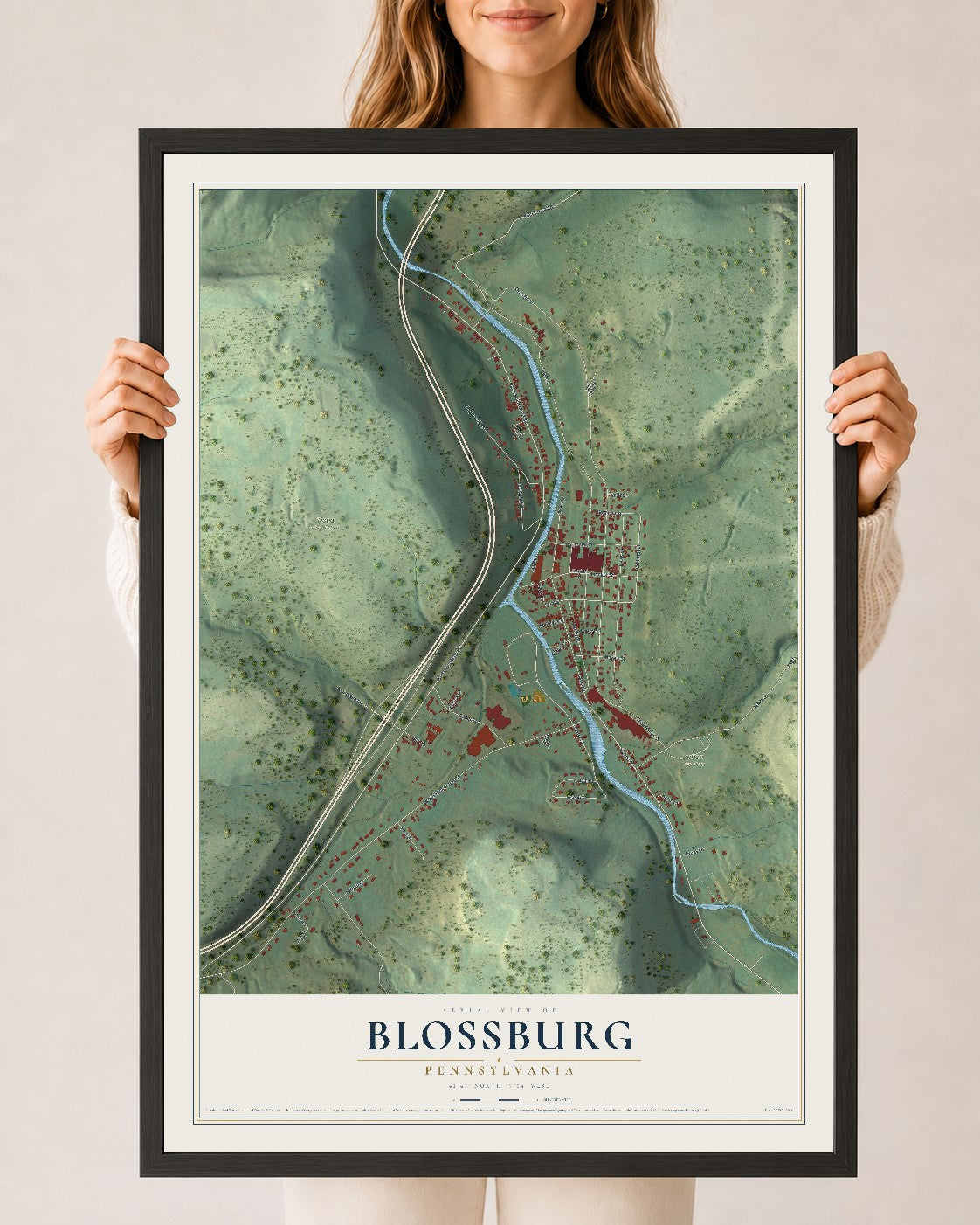 Map of Blossburg, Pennsylvania, 24 x 36 inch print in a black wood frame