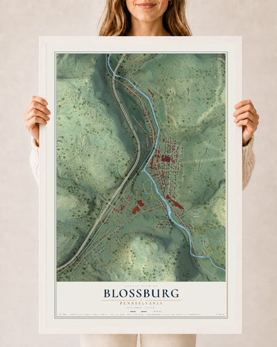 Map of Blossburg, Pennsylvania, 24 x 36 inch print in a white wood frame