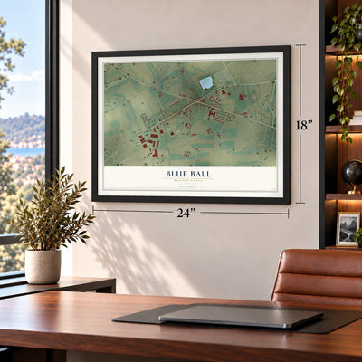 Blue Ball, Pennsylvania map, 18 x 24 inch print in a black frame in a home office