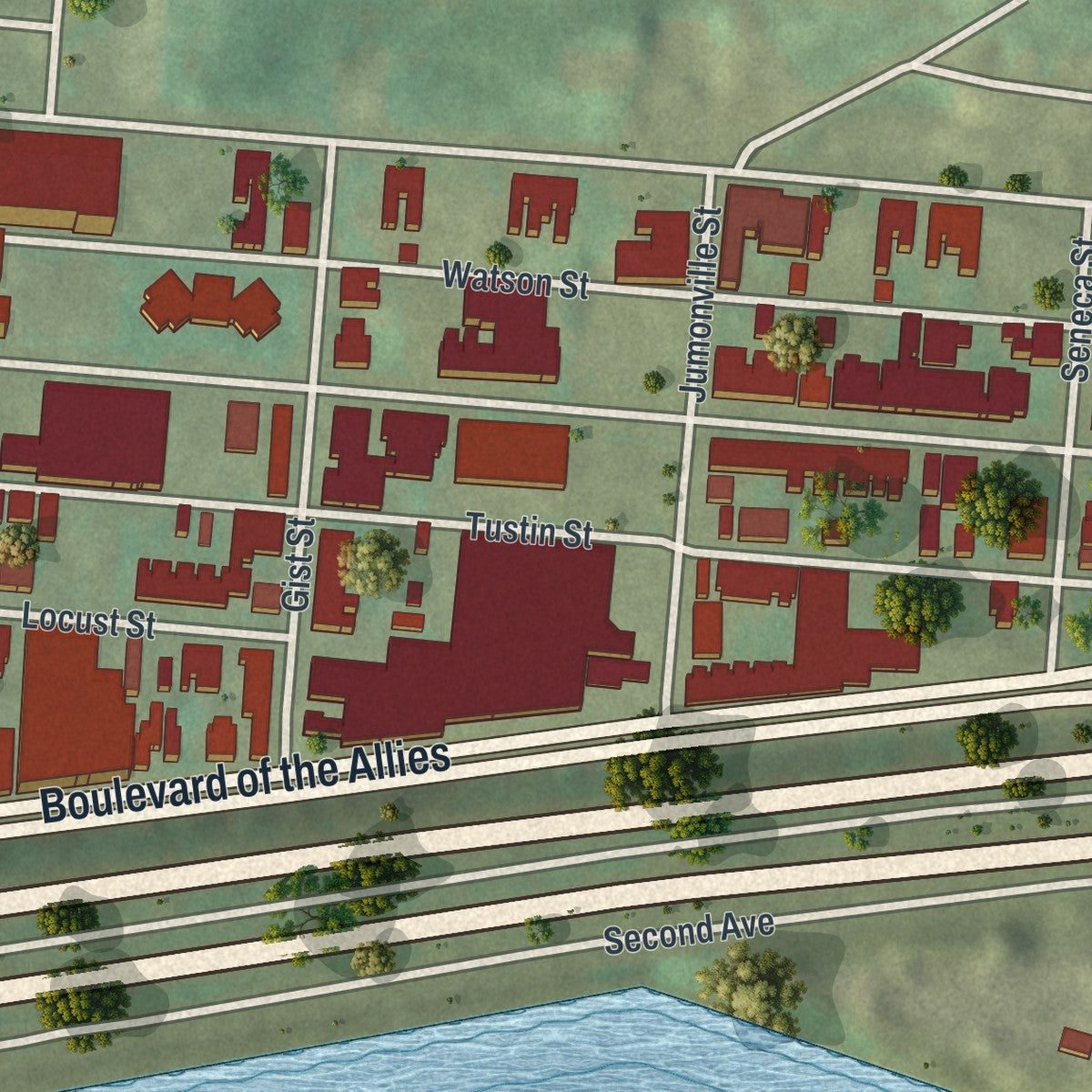 Close-up of the map of Bluff, Pennsylvania print showing street and building detail