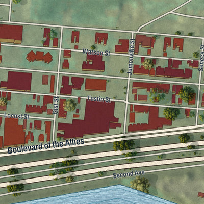 Close-up of the map of Bluff, Pennsylvania print showing street and building detail