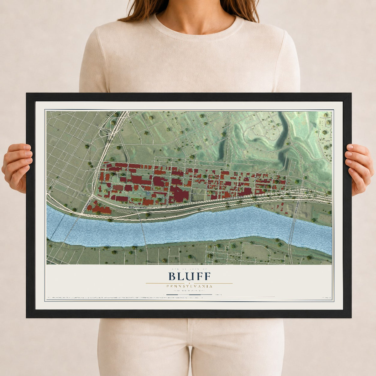 Map of Bluff, Pennsylvania, 12 x 18 inch print in a black wood frame