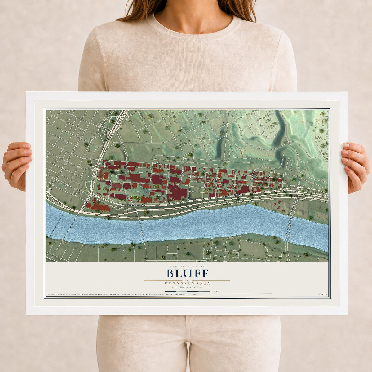 Map of Bluff, Pennsylvania, 12 x 18 inch print in a white wood frame