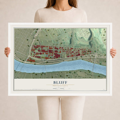 Map of Bluff, Pennsylvania, 24 x 36 inch print in a white wood frame