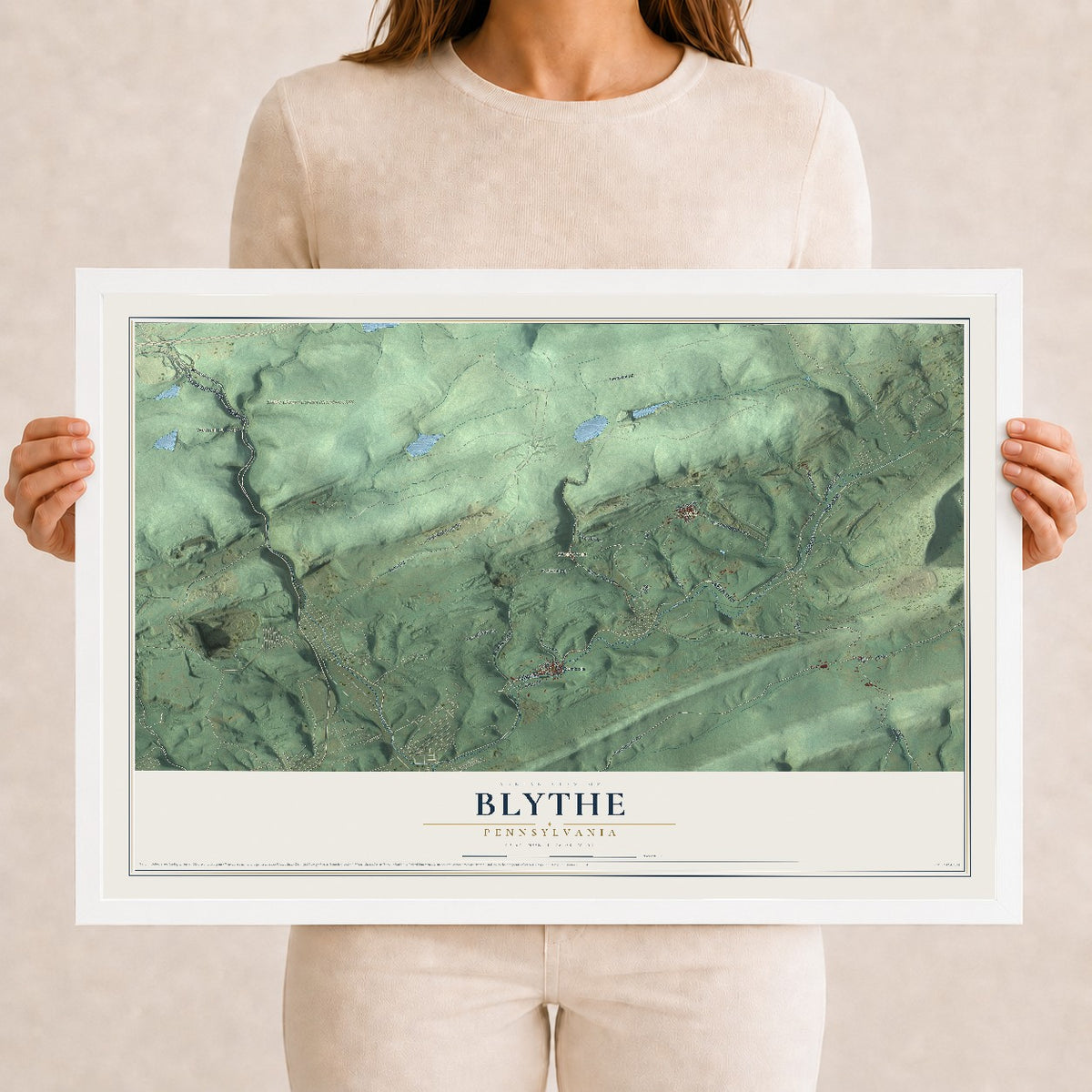 Map of Blythe, Pennsylvania, 12 x 18 inch print in a white wood frame