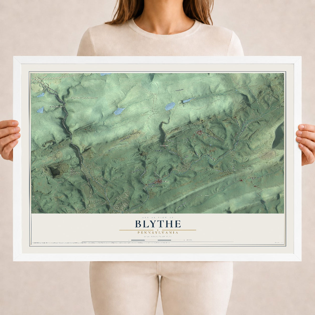 Map of Blythe, Pennsylvania, 18 x 24 inch print in a white wood frame