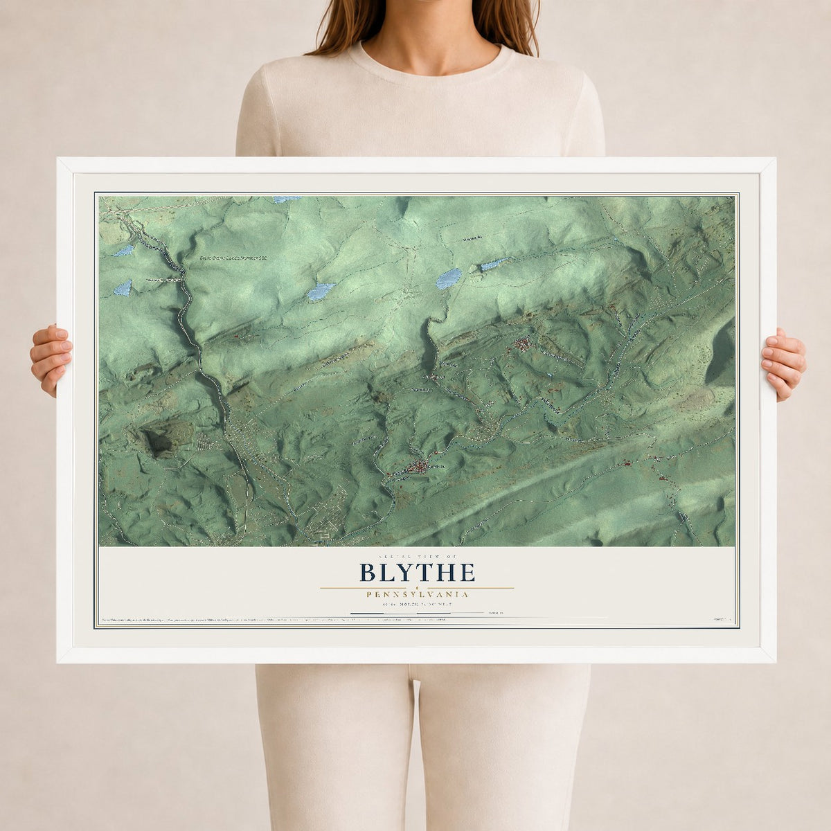 Map of Blythe, Pennsylvania, 24 x 36 inch print in a white wood frame