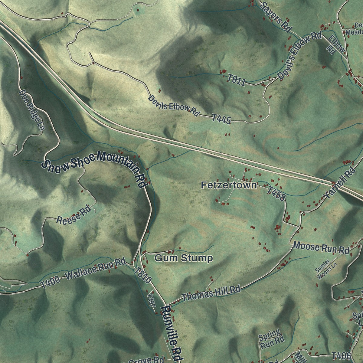 Second close-up of the map of Boggs, Centre County, Pennsylvania print showing more streets and buildings