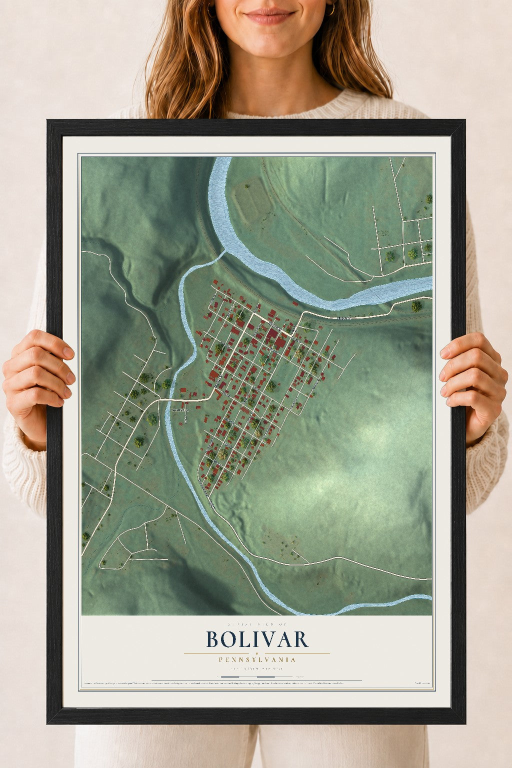Map of Bolivar, Pennsylvania, 18 x 24 inch print in a black wood frame