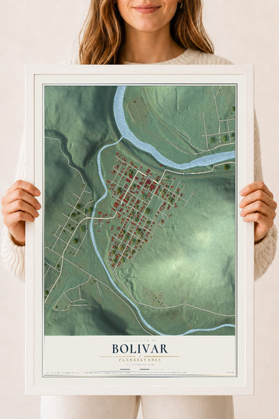 Map of Bolivar, Pennsylvania, 18 x 24 inch print in a white wood frame
