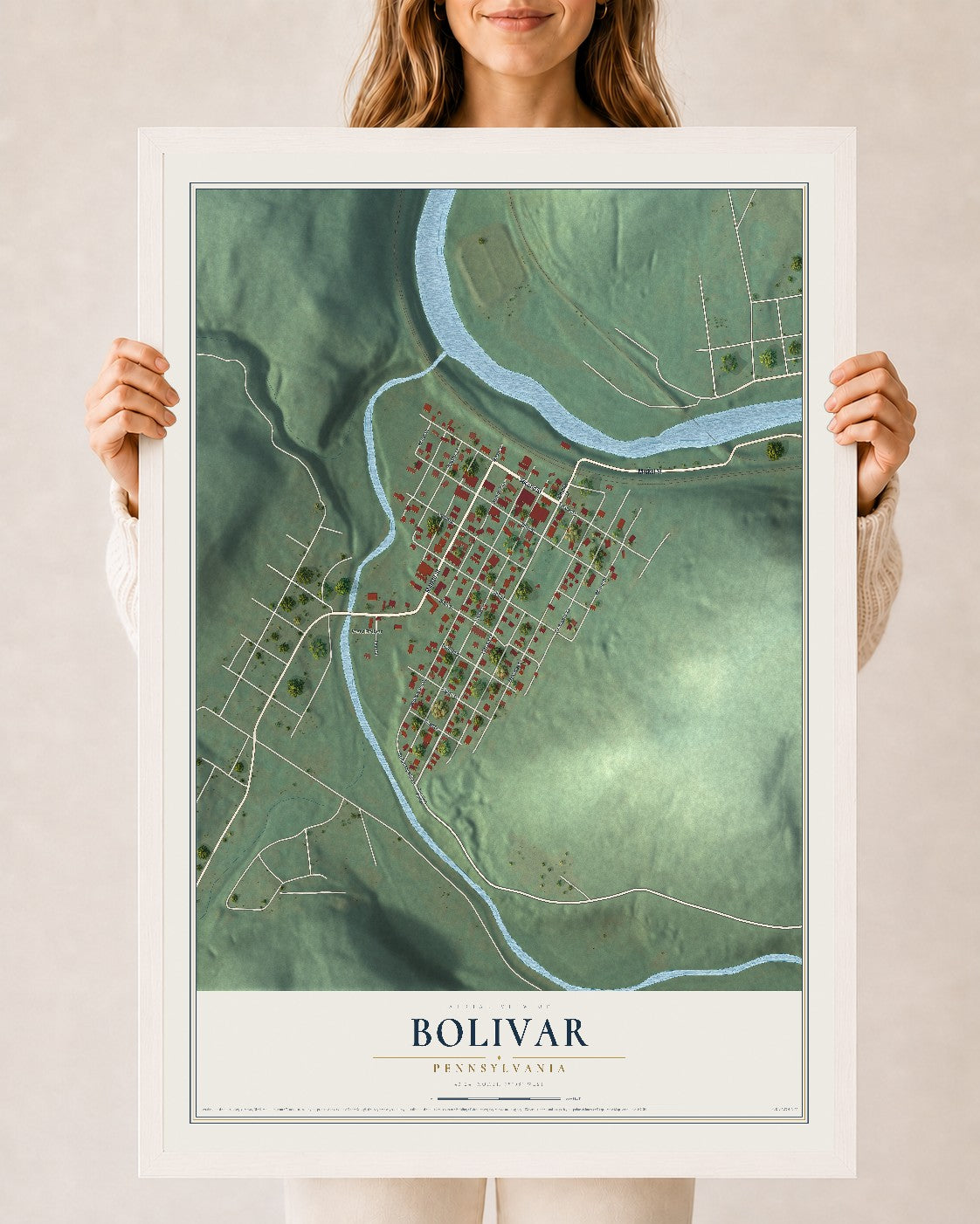 Map of Bolivar, Pennsylvania, 24 x 36 inch print in a white wood frame