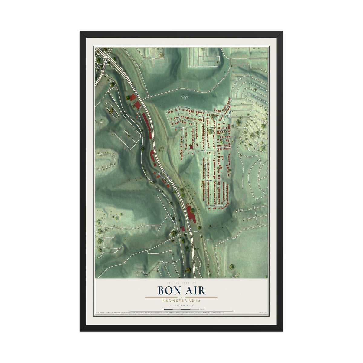 Map of Bon Air, Pennsylvania, 12 x 18 inch print in a black wood frame