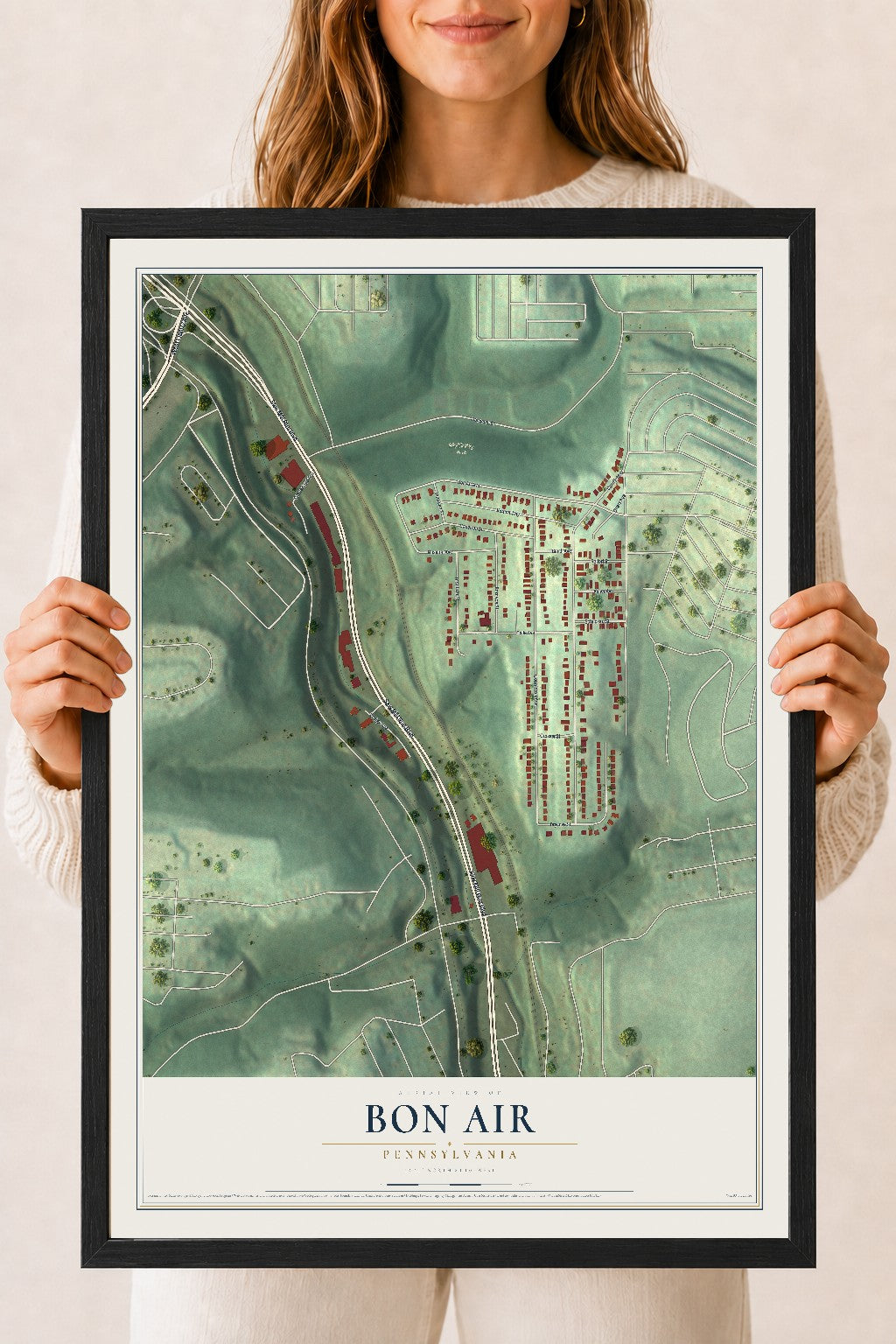 Map of Bon Air, Pennsylvania, 18 x 24 inch print in a black wood frame