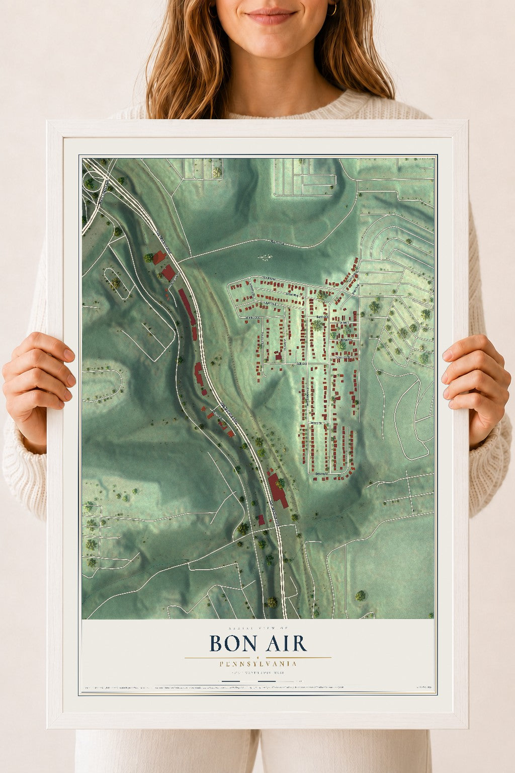 Map of Bon Air, Pennsylvania, 18 x 24 inch print in a white wood frame