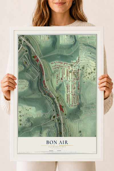 Map of Bon Air, Pennsylvania, 18 x 24 inch print in a white wood frame