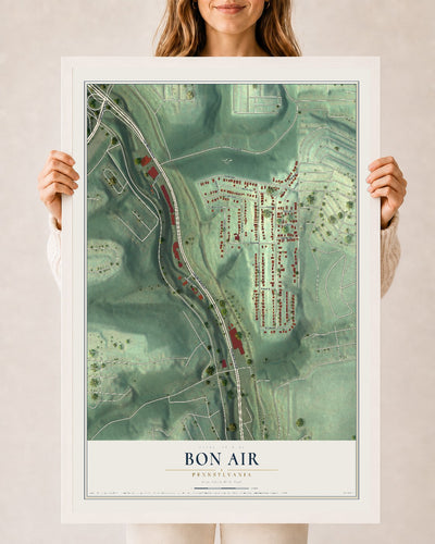 Map of Bon Air, Pennsylvania, 24 x 36 inch print in a white wood frame