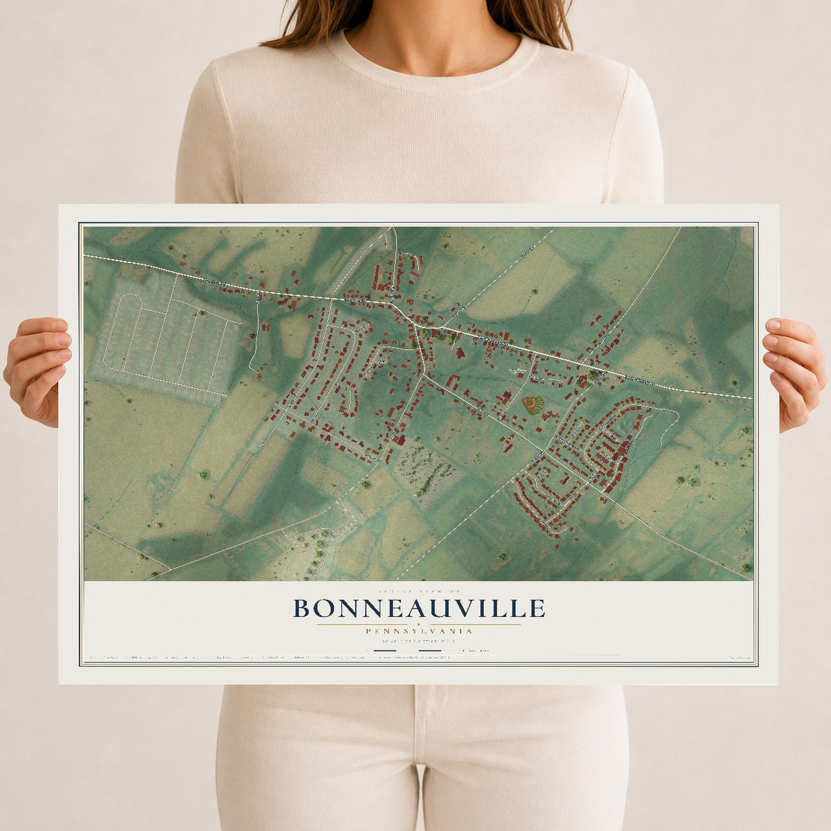 Map of Bonneauville, Pennsylvania, 12 x 18 inch unframed archival matte print