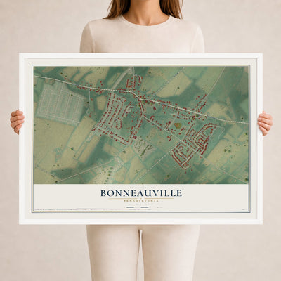 Map of Bonneauville, Pennsylvania, 24 x 36 inch print in a white wood frame