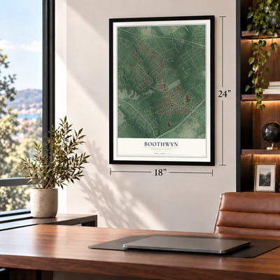 Boothwyn, Pennsylvania map, 18 x 24 inch print in a black frame in a home office