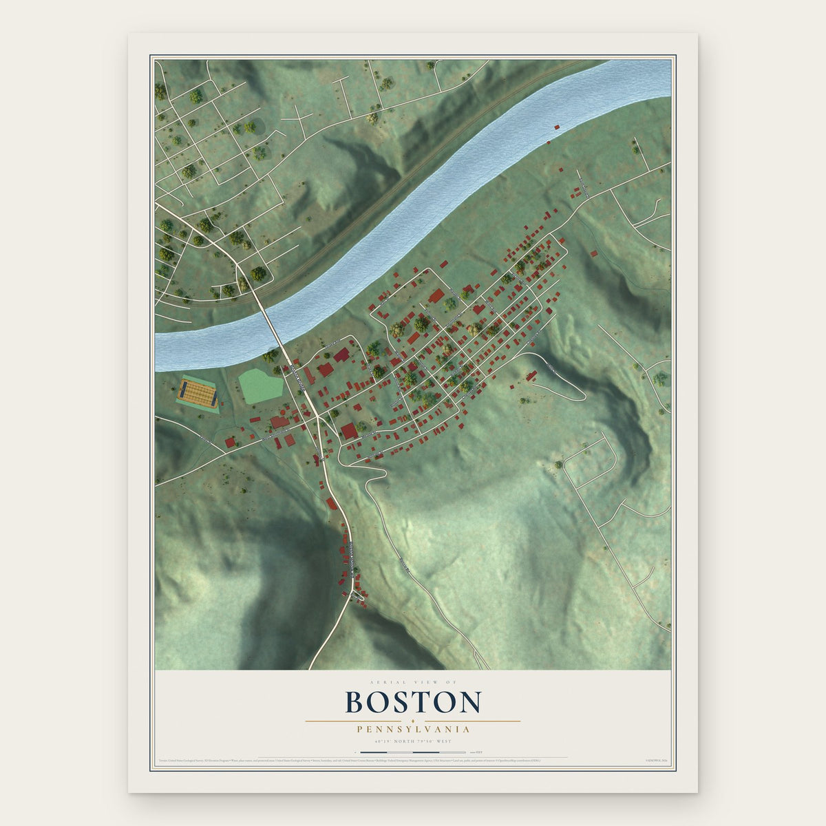 Boston, Pennsylvania map print, the full design