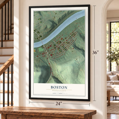Boston, Pennsylvania map, 24 x 36 inch print in a black frame by a staircase