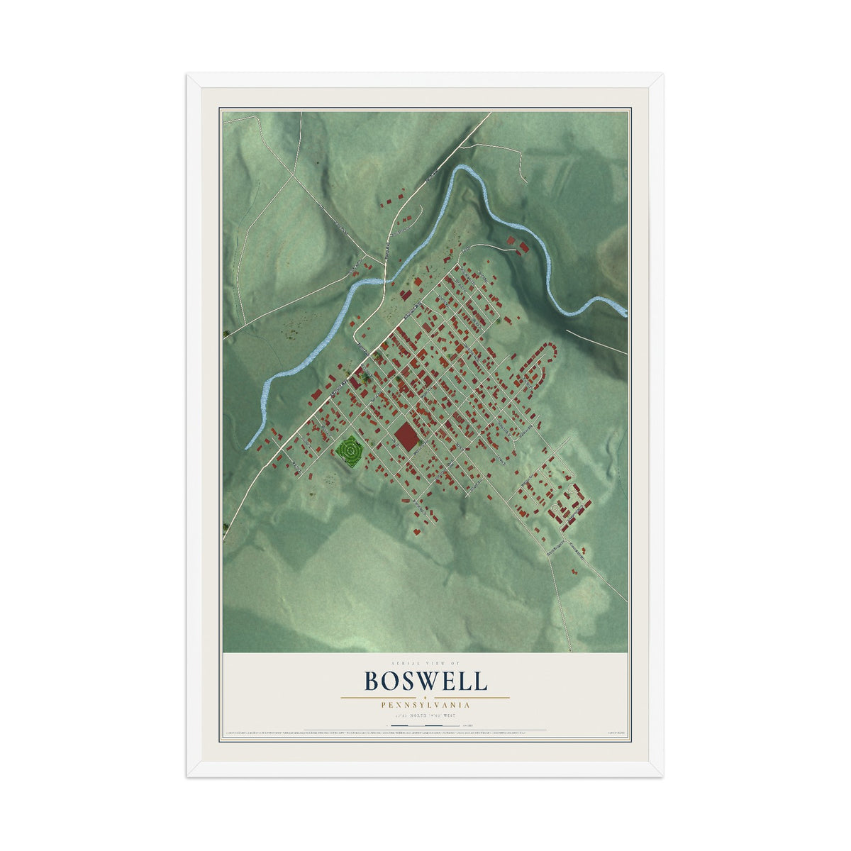 Map of Boswell, Pennsylvania, 12 x 18 inch print in a white wood frame