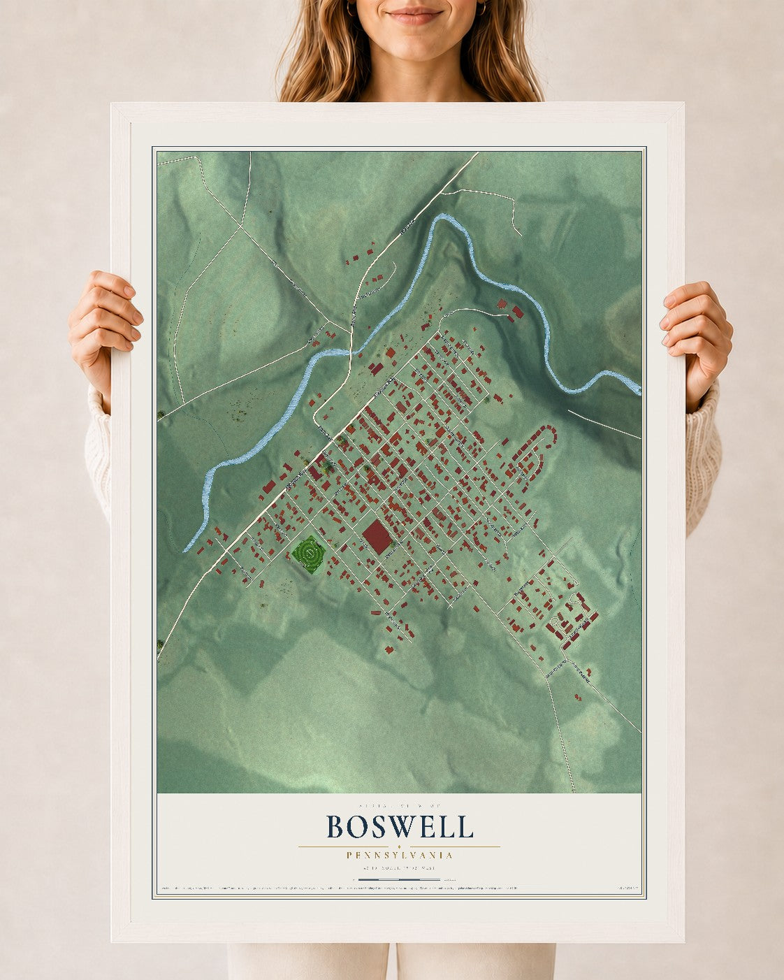 Map of Boswell, Pennsylvania, 24 x 36 inch print in a white wood frame