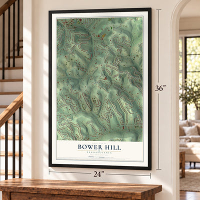 Bower Hill, Pennsylvania map, 24 x 36 inch print in a black frame by a staircase