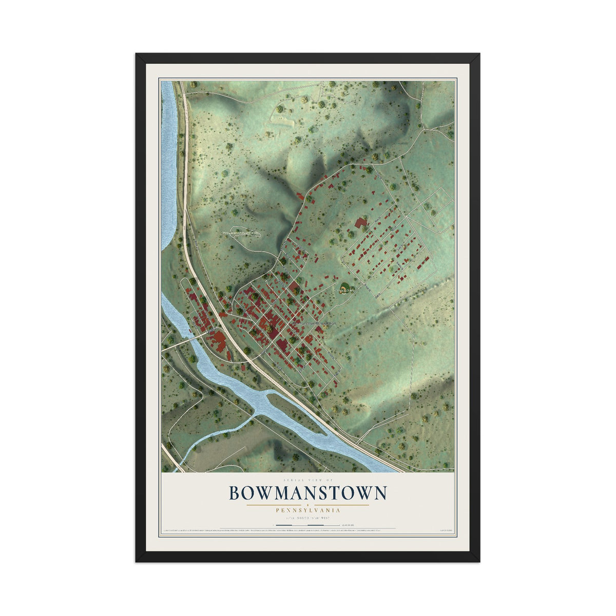 Map of Bowmanstown, Pennsylvania, 12 x 18 inch print in a black wood frame