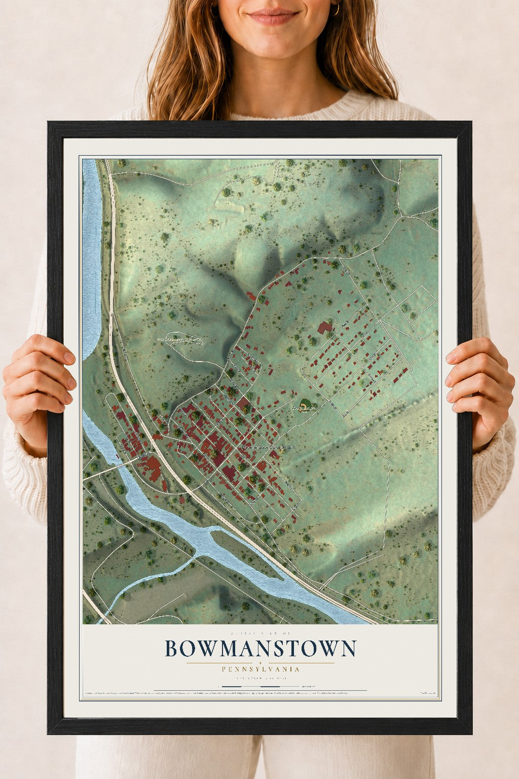 Map of Bowmanstown, Pennsylvania, 18 x 24 inch print in a black wood frame