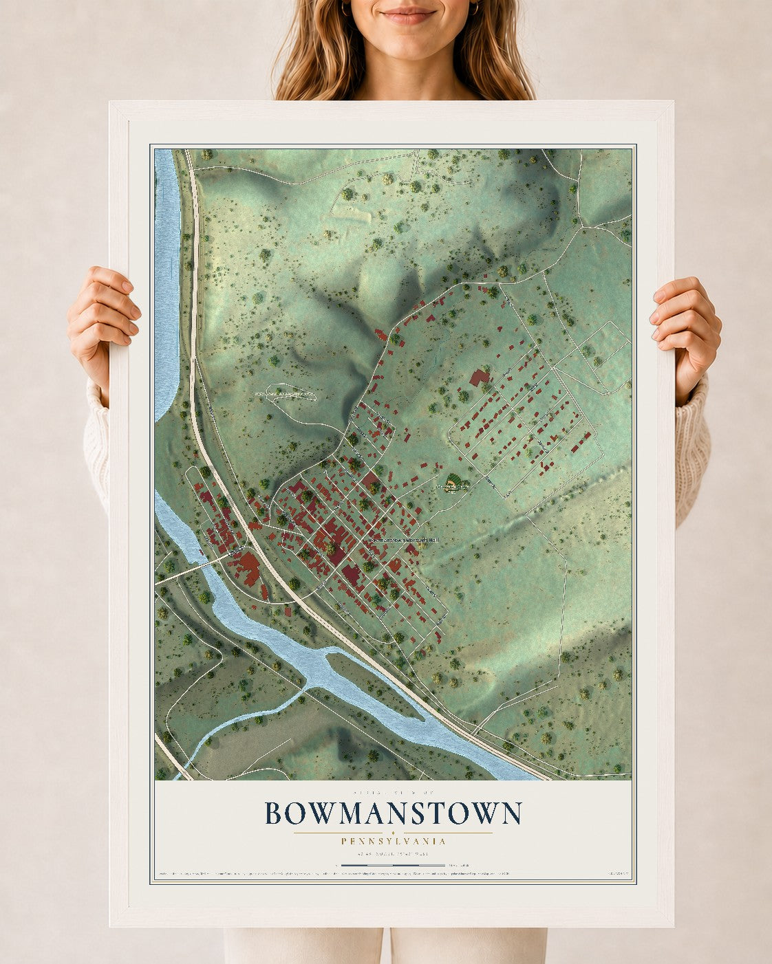 Map of Bowmanstown, Pennsylvania, 24 x 36 inch print in a white wood frame