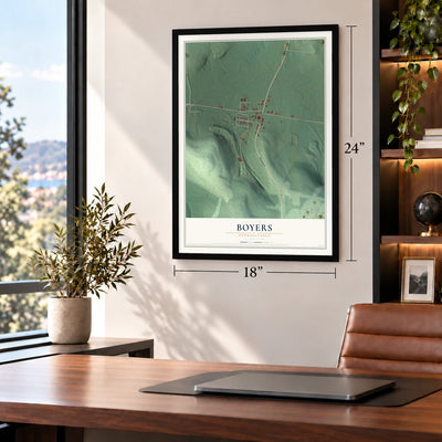Boyers, Pennsylvania map, 18 x 24 inch print in a black frame in a home office