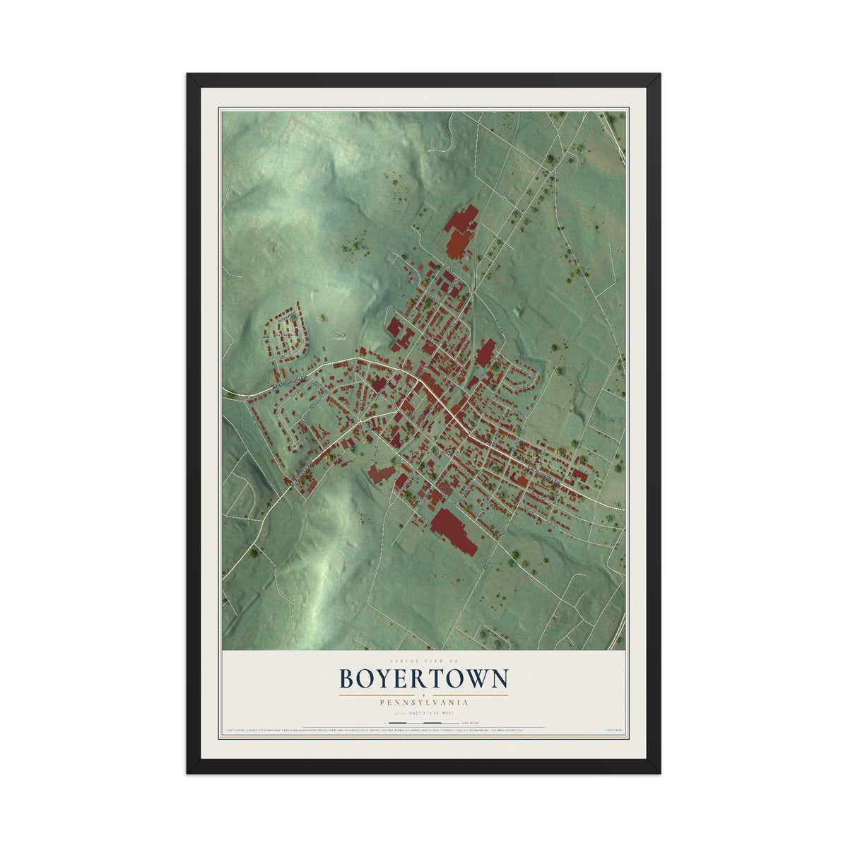 Map of Boyertown, Pennsylvania, 12 x 18 inch print in a black wood frame