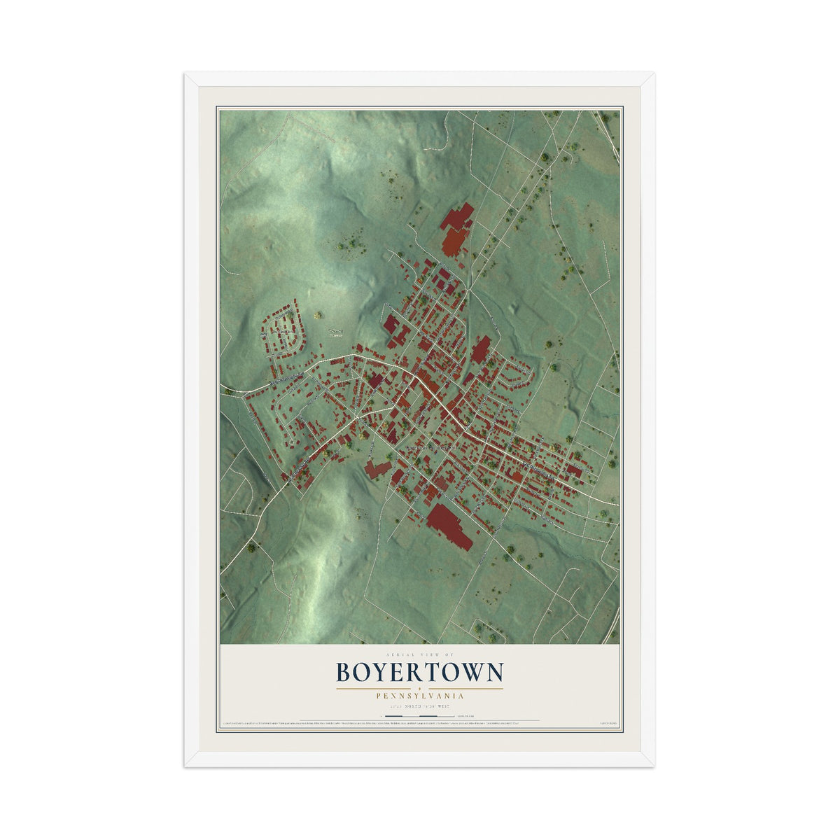 Map of Boyertown, Pennsylvania, 12 x 18 inch print in a white wood frame
